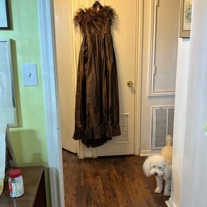 Victor Costa Elegant Brown Feathered Gown